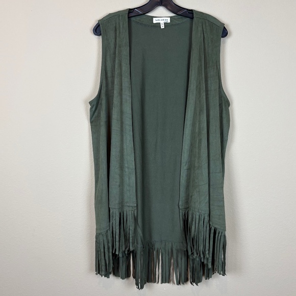 Faith and Joy Green Faux Suede Sleeveless Open Front Cardigan with Fringe Hem - Picture 1 of 16